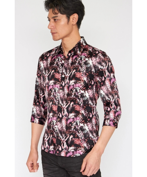 トルネードマート ネオカモパイソンプリントドレスシャツ sizeLL TORNADO MART∴コラージュパイソンプリント7分袖シャツ｜トルネード