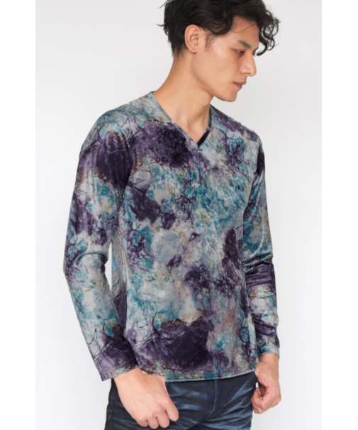 TORNADO MART∴クラッシュベロアオーロラプリントVネックカットソー