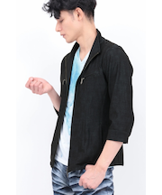 TORNADO MART∴メッシュHTデニム調プリント7分袖シャツブルゾン