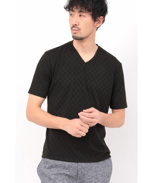 HIGH STREET∴アラベスク柄ジャカードVネック半袖カットソー HIGH STREET∴アラベスク柄ジャカードVネック半袖カットソー