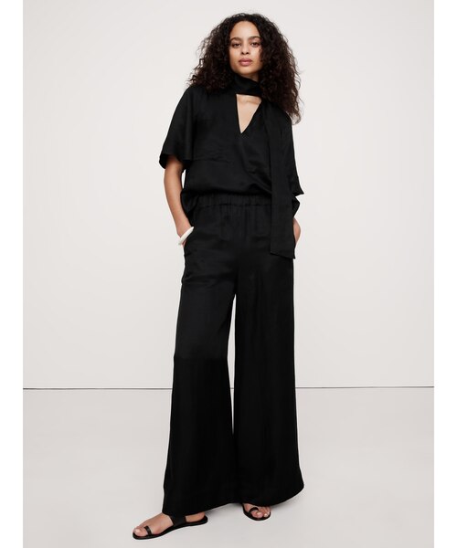 ハイライズ ワイドレッグ ビスコースリネン プルオンパンツ｜バナナ  