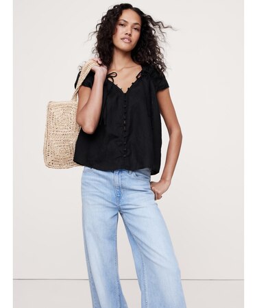 オーバーサイズ リネン ボタンフロント ドローストリング トップス