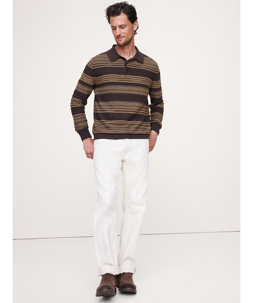 ストライプ コットンリネン ニットポロシャツ