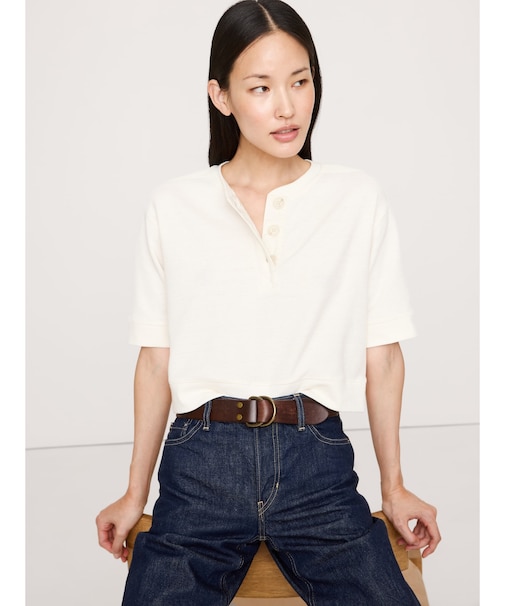 ワッフルニット クロップド ヘンリー