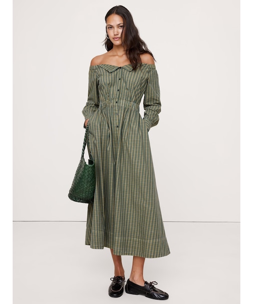 LS OFF SHOULDER FNF SHIRTDRESS PLAID