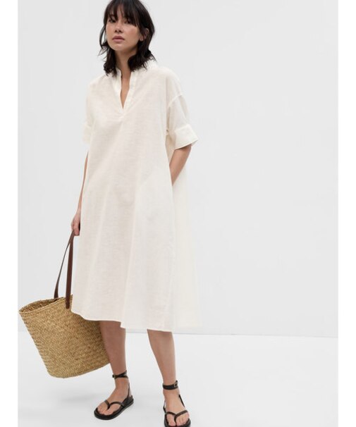 リネン混 ポップオーバー ミディワンピース