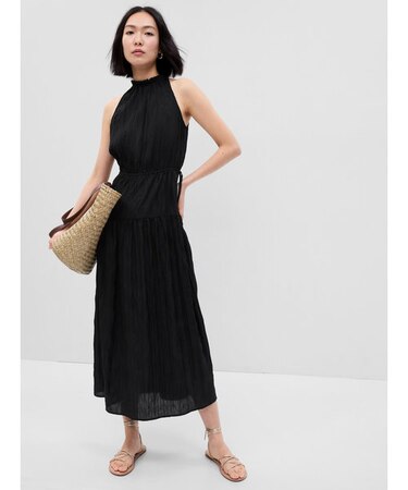 サテン ハイネック ミディワンピース