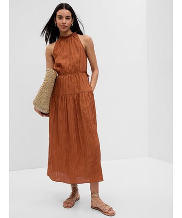 サテン ハイネック ミディワンピース