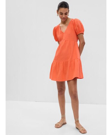 クリンクルガーゼ 袖コンシャス ティアードミニワンピース