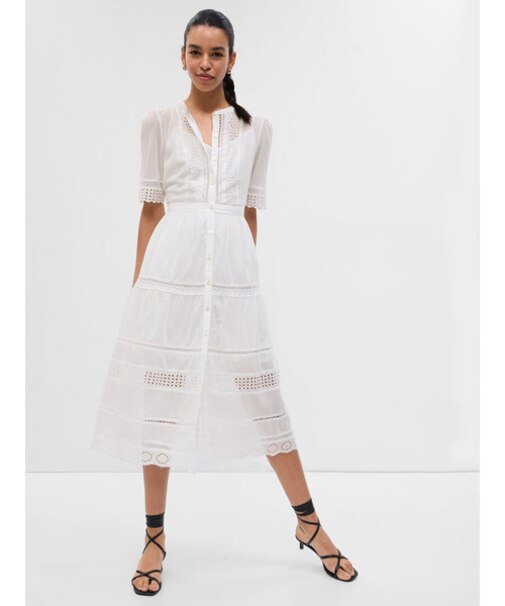 レース ボタンアップ ミディワンピース