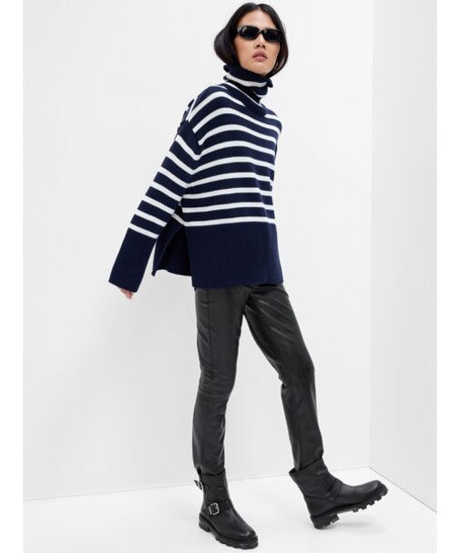 リラックス ストライプ タートルネック チュニックセーター