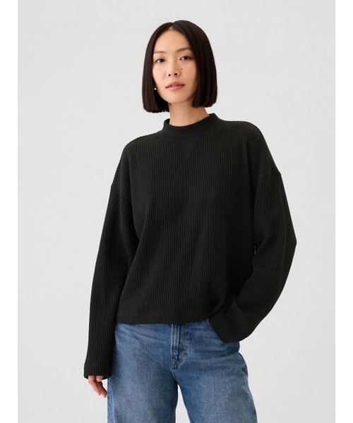 サーマルモックネックシャツ　ワッフル生地　今季新作 オーバーサイズ モックネック ワッフルTシャツ｜ギャップの通販｜&mall