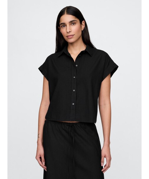 リネン混 クロップドシャツ