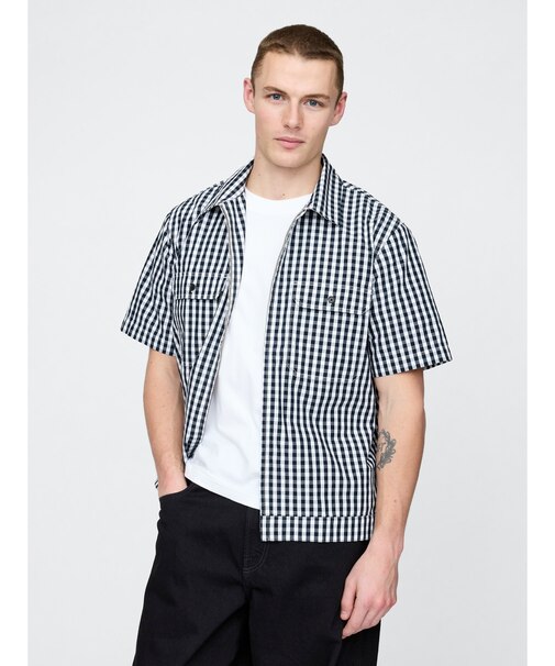 ポプリン ジップアップ ポケットシャツ