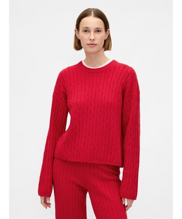 CashSoft カシミヤタッチ ケーブルニット クルーネックセーター