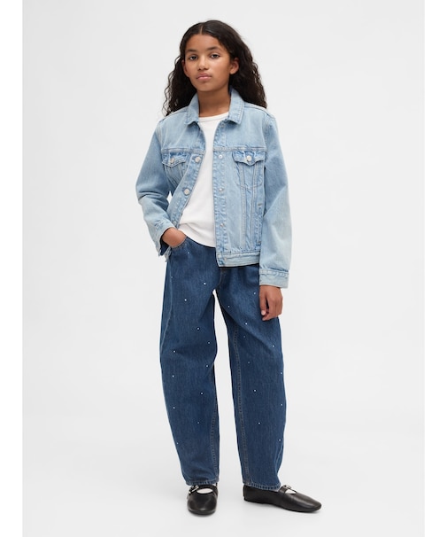 ハイライズ ラインストーン イージーウエスト バレルデニム (キッズ)