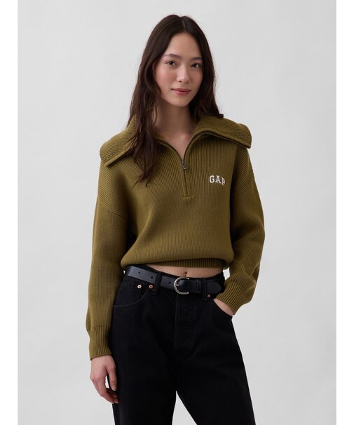 リラックスフィット GAPロゴ ハーフジップ プルオーバー クロップドセーター