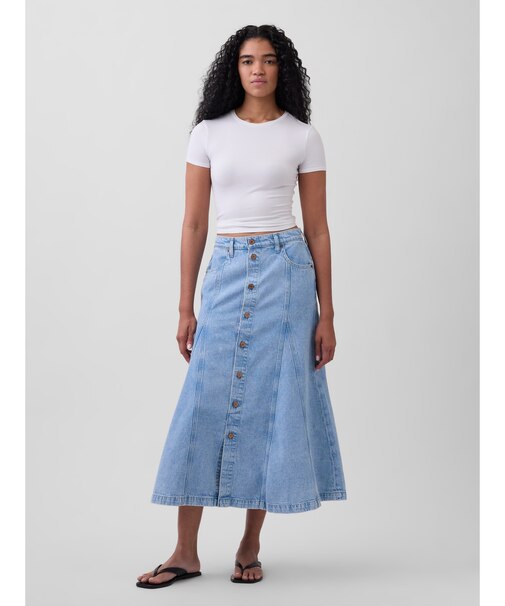 デニム シーム フロントボタン マキシスカート