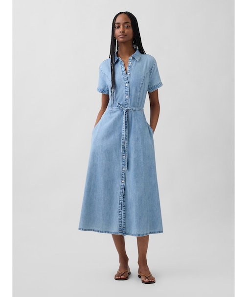 デニム ウエストタイ ミディシャツワンピース