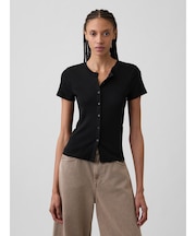 リブ ボタンアップトップス