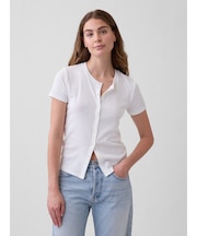 リブ ボタンアップトップス