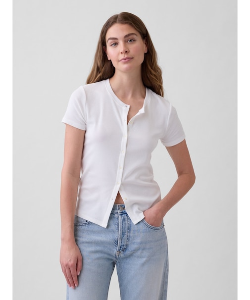 リブ ボタンアップトップス