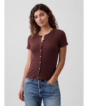 リブ ボタンアップトップス