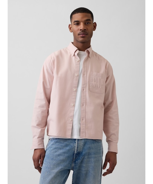 リラックスフィット クロップド ストレートヘム GAPロゴ オックスフォードシャツ