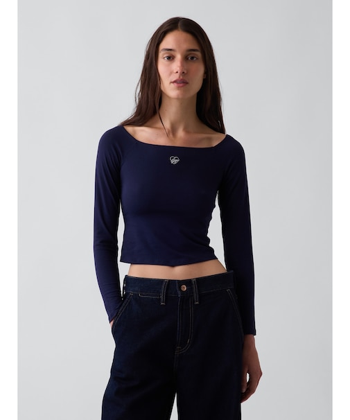 CloseKnit Jersey Gap Logo Off-Shoulder Crop T-Shirt