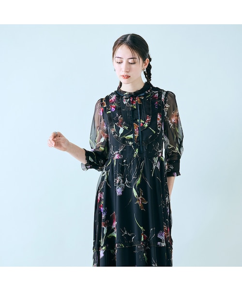 美品✨45R ボタニカル プリント ギャザー　ワンピース ストライプ　花柄 美品✨45R ボタニカル プリント ギャザー ワンピース ストライプ