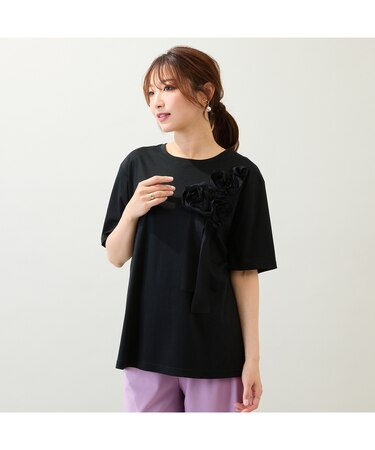 【接触冷感/綿100%/手洗いOK】巻きバラ刺繍カットソー