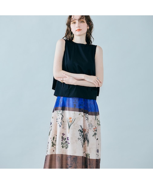 カラーブロックフラワープリントスカート