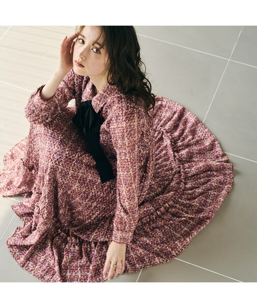 【人気追加】ツィードプリントワンピース