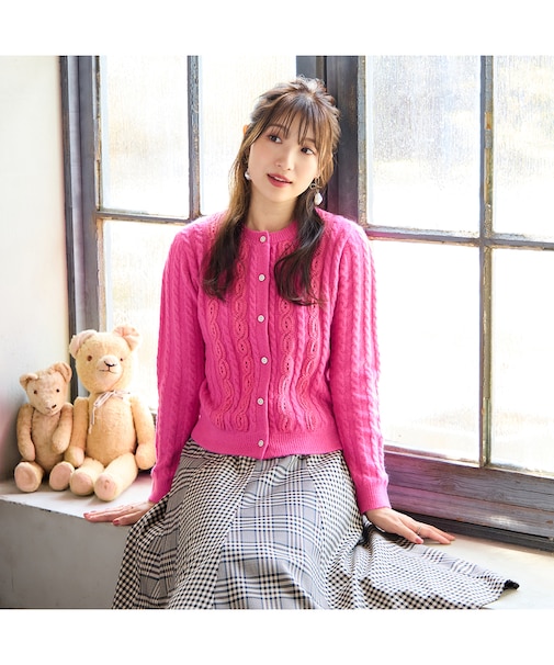 レース×ケーブル編みニットカーディガン