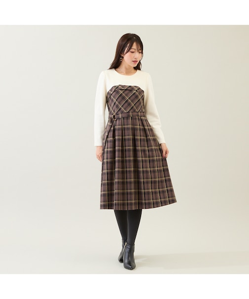 チェック切替ドッキングワンピース