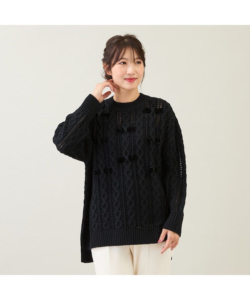 リボン×ケーブル編みニットプルオーバー