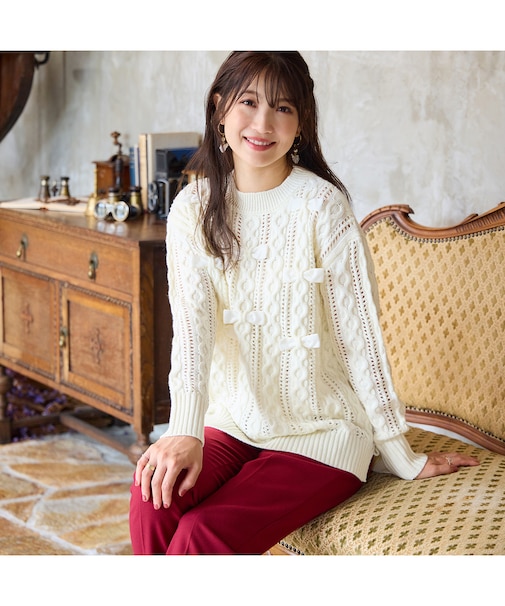 リボン×ケーブル編みニットプルオーバー