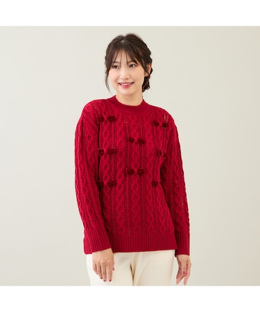 リボン×ケーブル編みニットプルオーバー