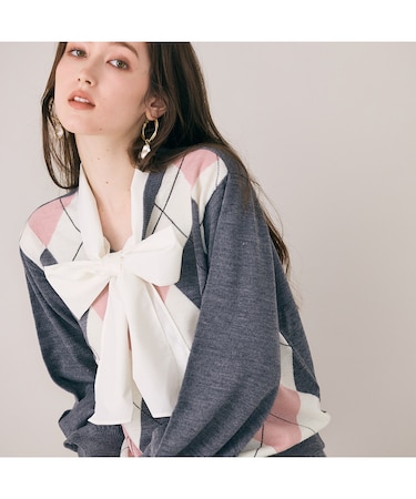 アーガイルリボンタイ付きニットプルオーバー