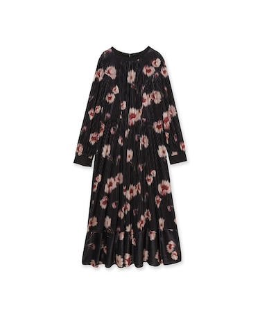 ストライプベロアフラワープリントワンピース