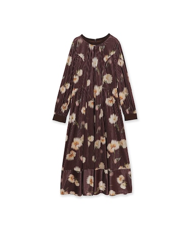 ストライプベロアフラワープリントワンピース