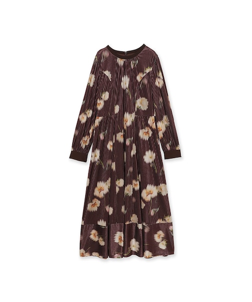 ストライプベロアフラワープリントワンピース