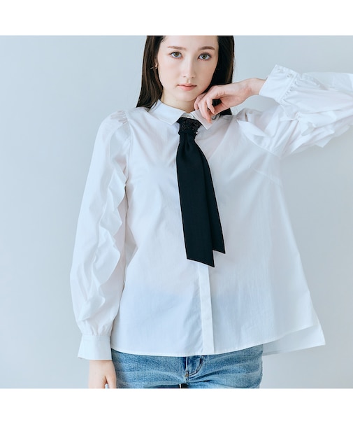 【人気追加】ビジューネクタイ付きシャツ