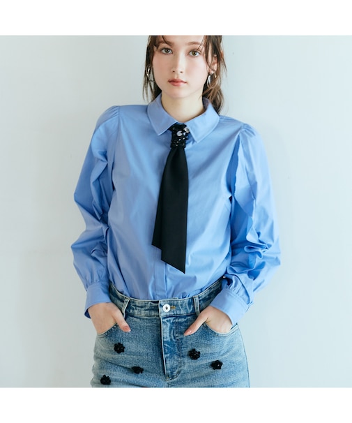 【人気追加】ビジューネクタイ付きシャツ