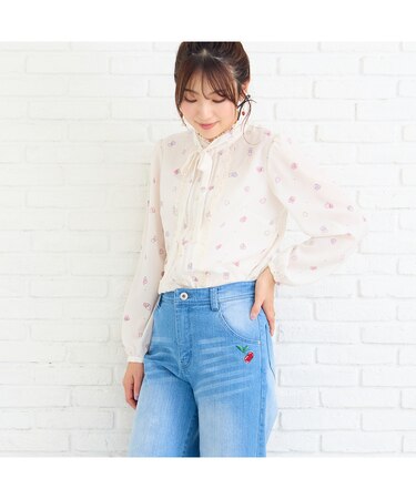 ハートプリントリボンタイブラウス