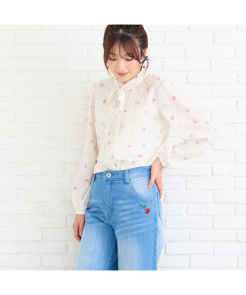 ハートプリントリボンタイブラウス