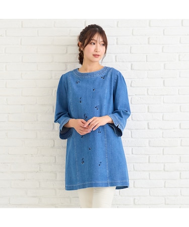 【伸縮性◎】サクランボ刺繍デニムチュニック