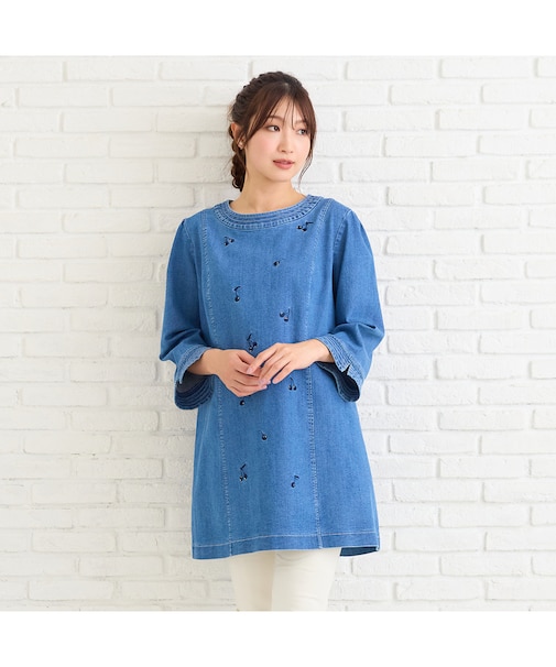 【伸縮性◎】サクランボ刺繍デニムチュニック