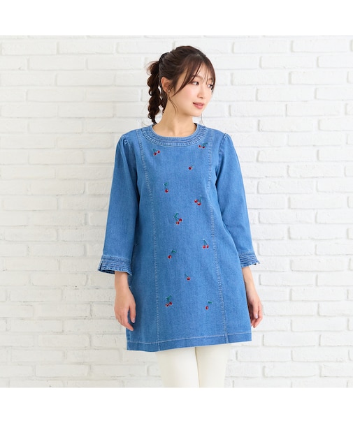【伸縮性◎】サクランボ刺繍デニムチュニック