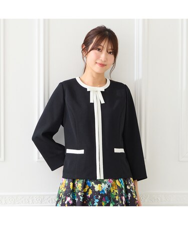 【リボンブローチ付】配色ノーカラージャケット